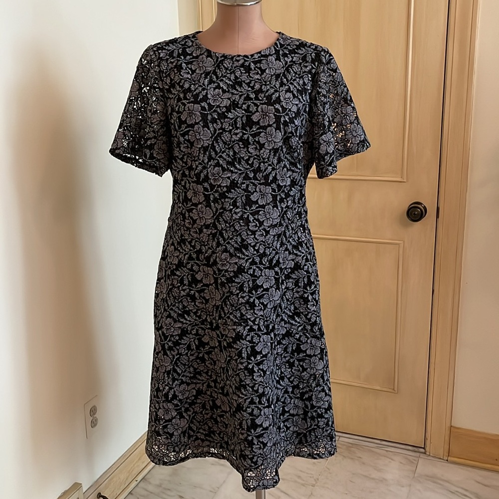 RALPH LAUREN Guest Cocktail Party Floral Lace Bell SLV Fit/Flare Black Dress 12
